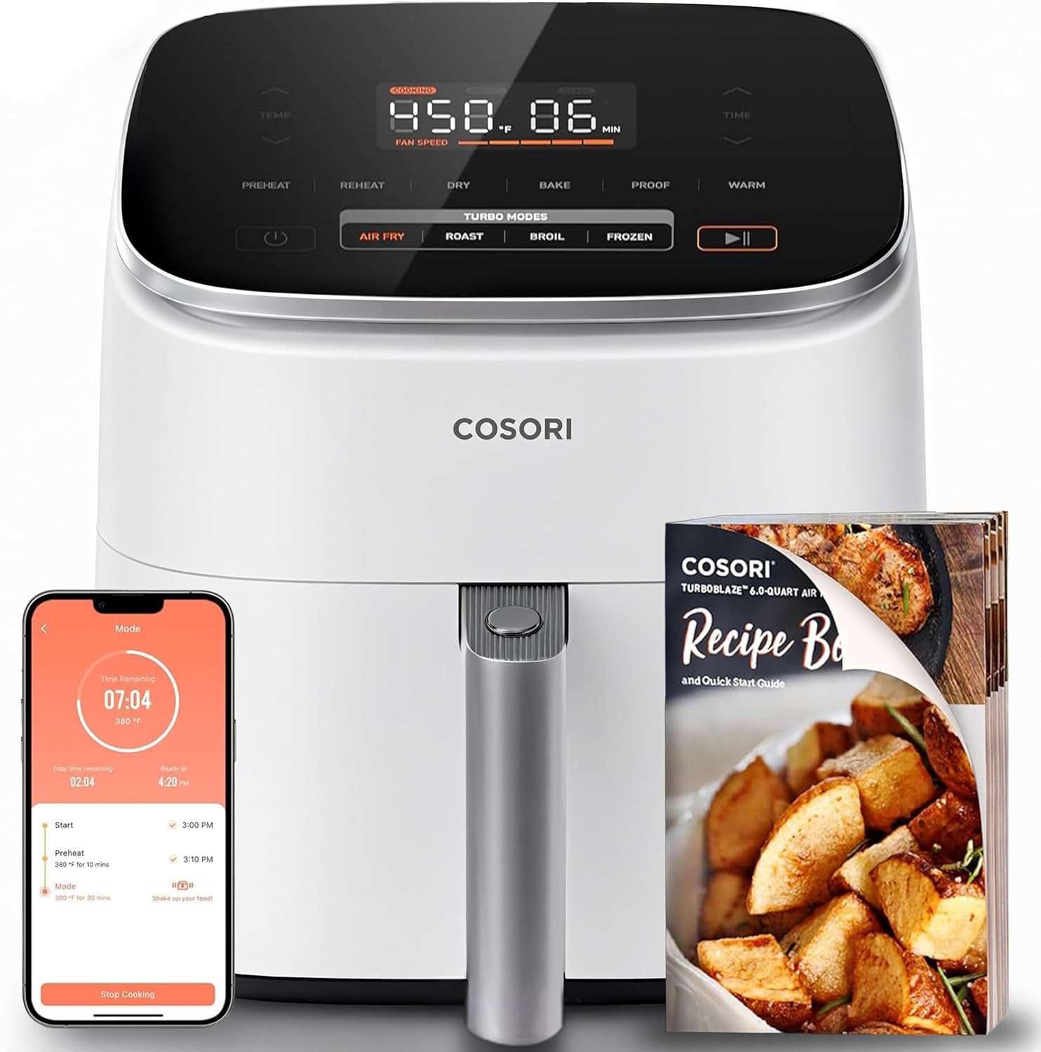 Cosori 9-in-1 TurboBlaze Air Fryer 6 Qt, Premium Ceramic Coating, 90°–450°F, Precise Heating for Even Results, Air Fry, Roast, Bake, Broil, Dry, Frozen, Proof, Reheat, Keep Warm, 120V, Light Gray