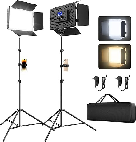 2 Packs LED Video Light with 63" Tripod Stand, QEUOOIY 20W Bi-Color Photography Lighting Kit, Dimmable 2500-8500K Studio Conference Light, Built-in 8000mAh Battery for YouTube/TikTok/Vlog/Streaming