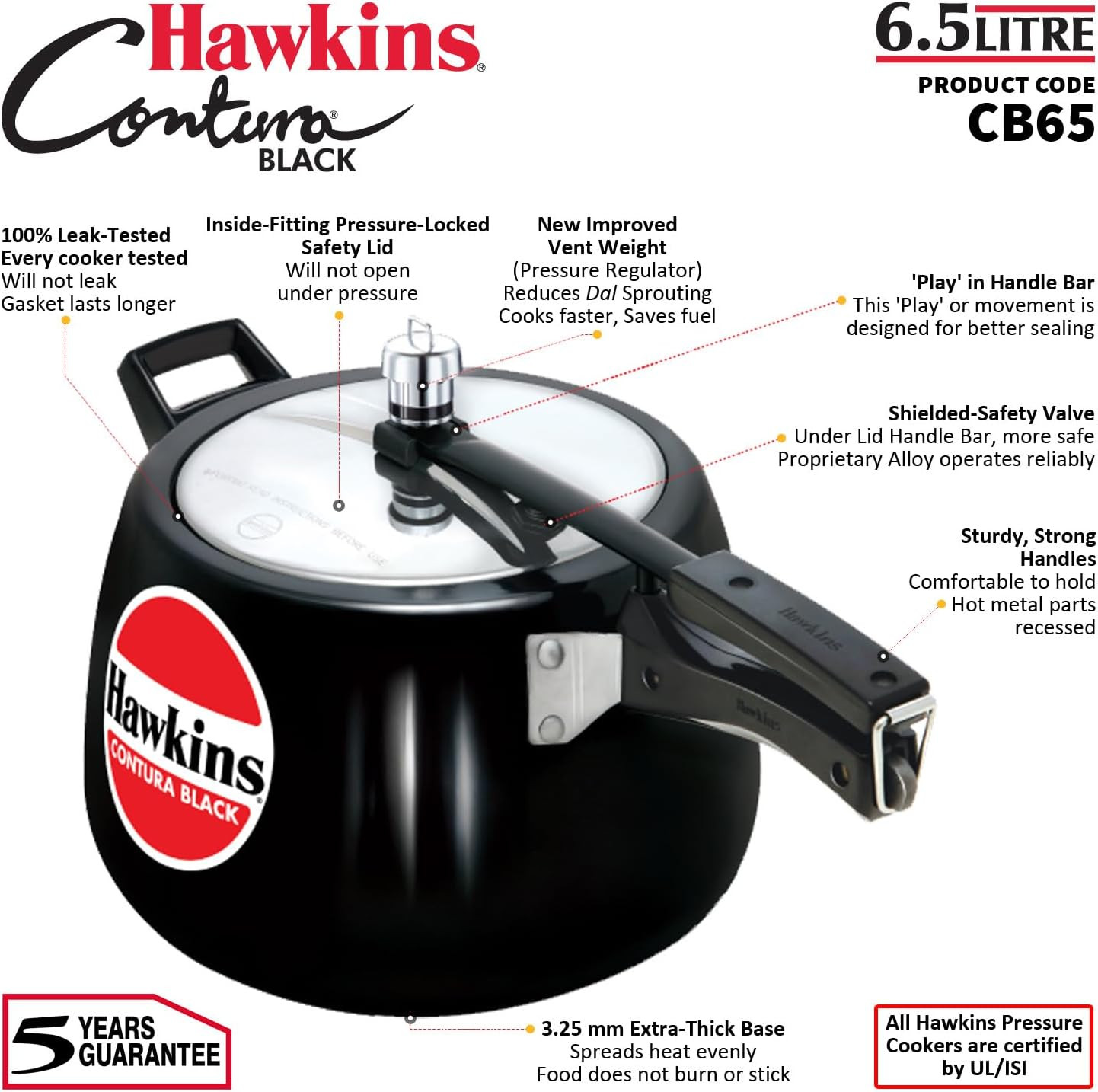 Hawkins 2 Litre Contura Black Pressure Cooker, Hard Anodised Inner Lid Cooker, Handi Cooker, Small Cooker, Black