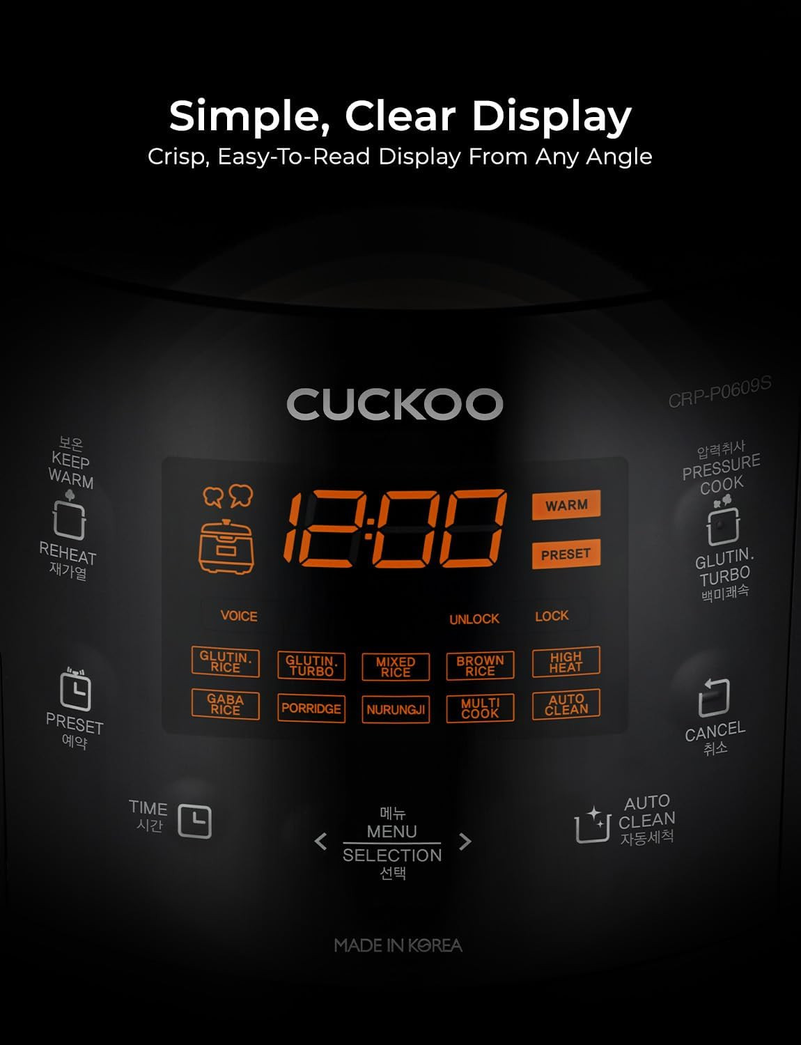 CUCKOO High Pressure Rice Cooker 6-Cup Uncooked / 12-Cup Cooked with Nonstick Inner Pot, Versatile Rice Maker with 12 Menu Options and Steam Plate, Fuzzy Logic Tech, Voice Guide, Black (CRP-P0609S)